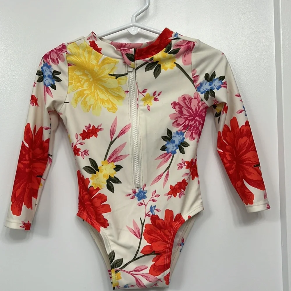 Old Navy Cream Floral Long-Sleeve Kids Rashguard with Red, Yellow & Pink Flowers